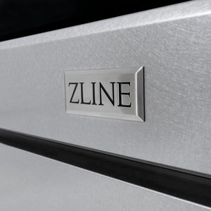 ZLINE Autograph Edition 30 in. 4.2 cu. ft. Paramount Dual Fuel Range with 4 Burner Gas Cooktop and Electric Convection Oven in DuraSnow® Stainless Steel with Polished Gold Accents (SDRSZ-30-G) close-up, logo badge on DuraSnow® Stainless Steel finish.