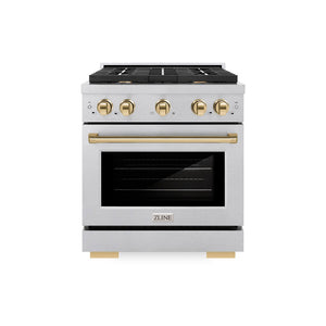 ZLINE Autograph Edition 30 in. 4.2 cu. ft. Paramount Dual Fuel Range with 4 Burner Gas Cooktop and Electric Convection Oven in DuraSnow® Stainless Steel with Polished Gold Accents (SDRSZ-30-G) front, oven closed.