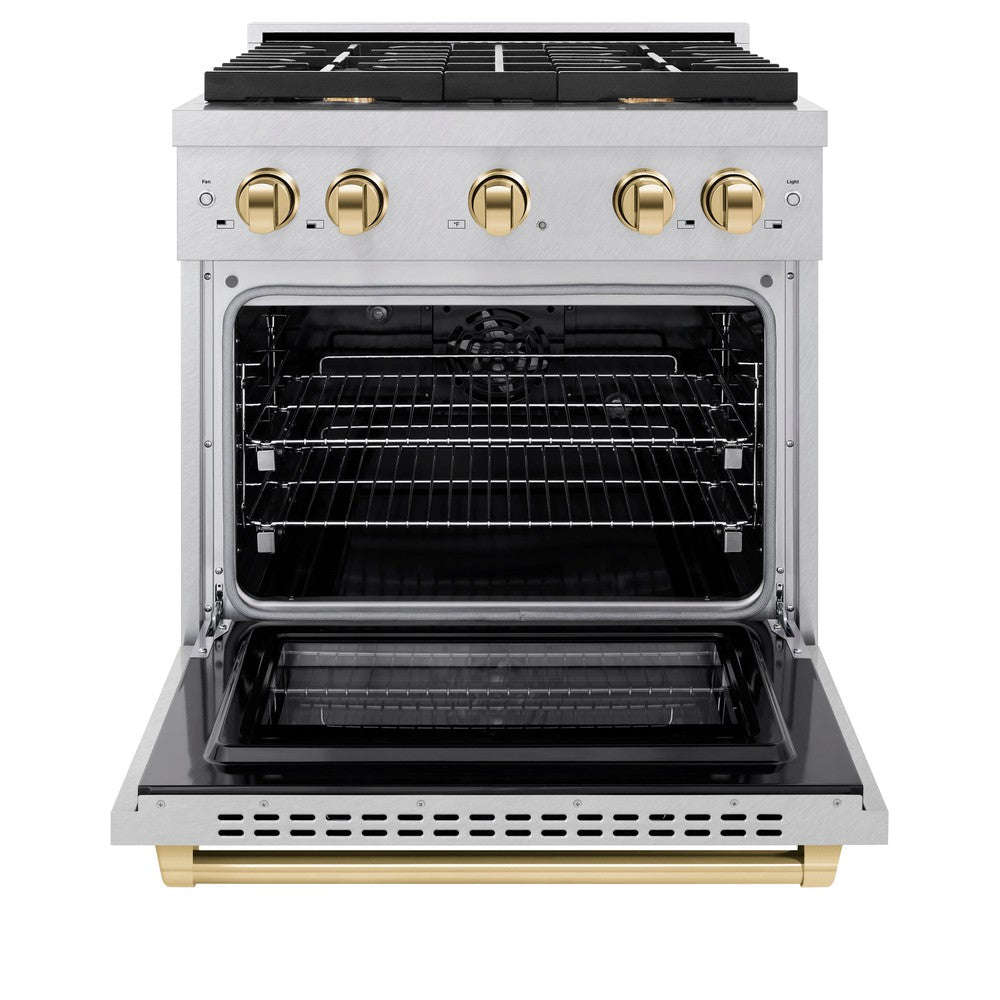 ZLINE Autograph Edition 30 in. 4.2 cu. ft. Paramount Dual Fuel Range with 4 Burner Gas Cooktop and Electric Convection Oven in DuraSnow® Stainless Steel with Polished Gold Accents (SDRSZ-30-G) front, oven open.