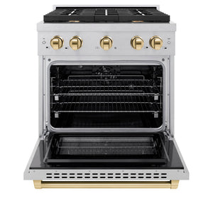 ZLINE Autograph Edition 30 in. 4.2 cu. ft. Paramount Dual Fuel Range with 4 Burner Gas Cooktop and Electric Convection Oven in DuraSnow® Stainless Steel with Polished Gold Accents (SDRSZ-30-G) front, oven open.