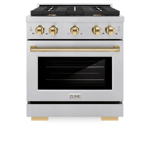 ZLINE Autograph Edition 30 in. 4.2 cu. ft. Paramount Dual Fuel Range with 4 Burner Gas Cooktop and Electric Convection Oven in DuraSnow® Stainless Steel with Polished Gold Accents (SDRSZ-30-G) front, oven closed.