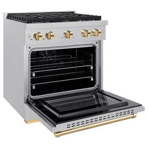 ZLINE Autograph Edition 30 in. 4.2 cu. ft. Paramount Dual Fuel Range with 4 Burner Gas Cooktop and Electric Convection Oven in DuraSnow® Stainless Steel with Polished Gold Accents (SDRSZ-30-G) side, oven open.