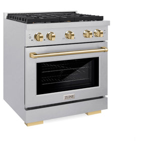 ZLINE Autograph Edition 30 in. 4.2 cu. ft. Paramount Dual Fuel Range with 4 Burner Gas Cooktop and Electric Convection Oven in DuraSnow® Stainless Steel with Polished Gold Accents (SDRSZ-30-G) side, oven closed.