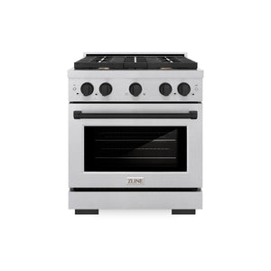 ZLINE Autograph Edition 30 in. 4.2 cu. ft. Paramount Dual Fuel Range with 4 Burner Gas Cooktop and Electric Convection Oven in DuraSnow® Stainless Steel with Matte Black Accents (SDRSZ-30-MB) front, oven closed.