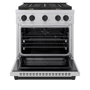 ZLINE Autograph Edition 30 in. 4.2 cu. ft. Paramount Dual Fuel Range with 4 Burner Gas Cooktop and Electric Convection Oven in DuraSnow® Stainless Steel with Matte Black Accents (SDRSZ-30-MB) front, oven open.