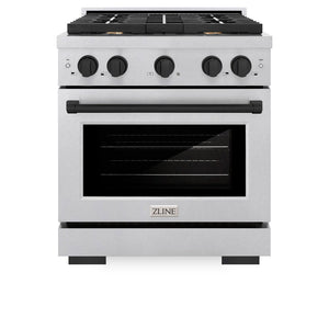 ZLINE Autograph Edition 30 in. 4.2 cu. ft. Paramount Dual Fuel Range with 4 Burner Gas Cooktop and Electric Convection Oven in DuraSnow® Stainless Steel with Matte Black Accents (SDRSZ-30-MB) front, oven closed.