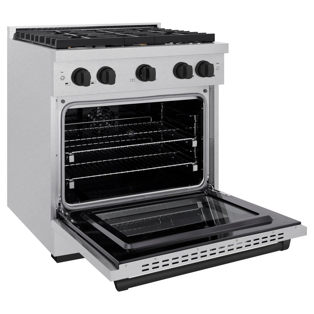 ZLINE Autograph Edition 30 in. 4.2 cu. ft. Paramount Dual Fuel Range with 4 Burner Gas Cooktop and Electric Convection Oven in DuraSnow® Stainless Steel with Matte Black Accents (SDRSZ-30-MB) side, oven open.