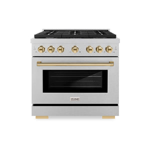 ZLINE Autograph Edition 36 in. 5.2 cu. ft. Paramount Dual Fuel Range with 6 Burner Gas Cooktop and Electric Convection Oven in DuraSnow® Stainless Steel with Polished Gold Accents (SDRSZ-36-G) front.