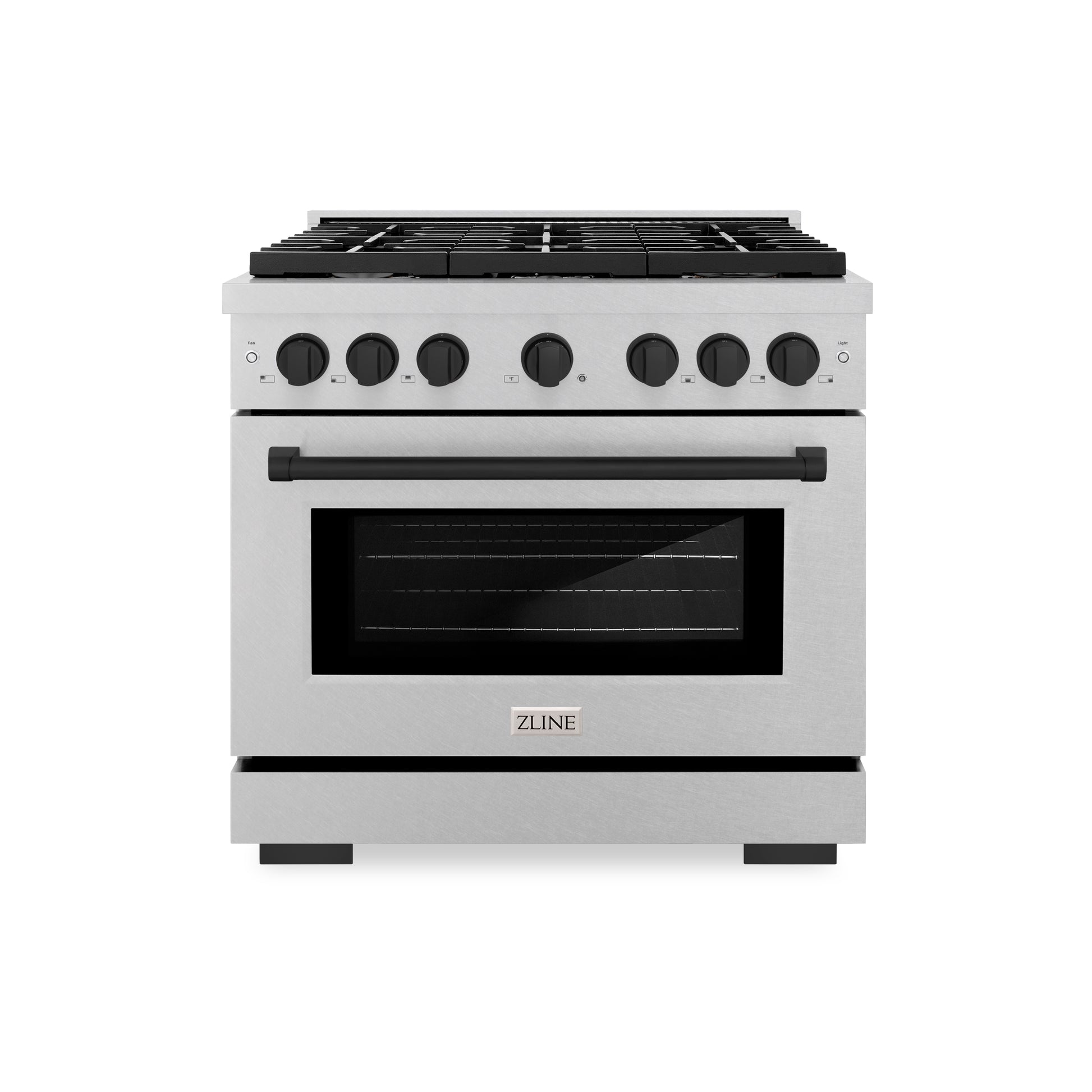 ZLINE Autograph Edition 36 in. 5.2 cu. ft. Paramount Dual Fuel Range with 6 Burner Gas Cooktop and Electric Convection Oven in DuraSnow® Stainless Steel with Matte Black Accents (SDRSZ-36-MB) front.