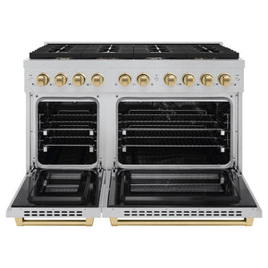 ZLINE Autograph Edition 48 in. 6.7 cu. ft. Paramount Double Oven Dual Fuel Range with 8 Burner Gas Cooktop in DuraSnow® Stainless Steel and Polished Gold Accents (SDRSZ-48-G) front, oven open.