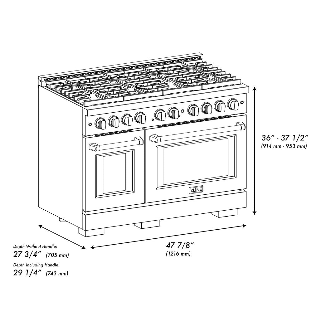 ZLINE Autograph Edition 48 in. 6.7 cu. ft. Paramount Double Oven Dual Fuel Range with 8 Burner Gas Cooktop in DuraSnow® Stainless Steel and Polished Gold Accents (SDRSZ-48-G) dimensional diagram.