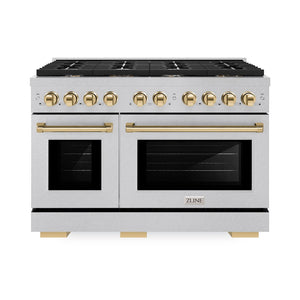 ZLINE Autograph Edition 48 in. 6.7 cu. ft. Paramount Double Oven Dual Fuel Range with 8 Burner Gas Cooktop in DuraSnow® Stainless Steel and Polished Gold Accents (SDRSZ-48-G) front.