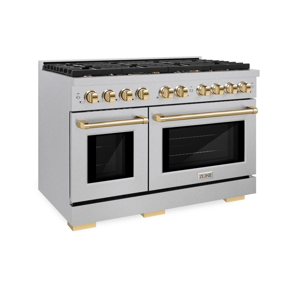 ZLINE Autograph Edition 48 in. 6.7 cu. ft. Paramount Double Oven Dual Fuel Range with 8 Burner Gas Cooktop in DuraSnow® Stainless Steel and Polished Gold Accents (SDRSZ-48-G)