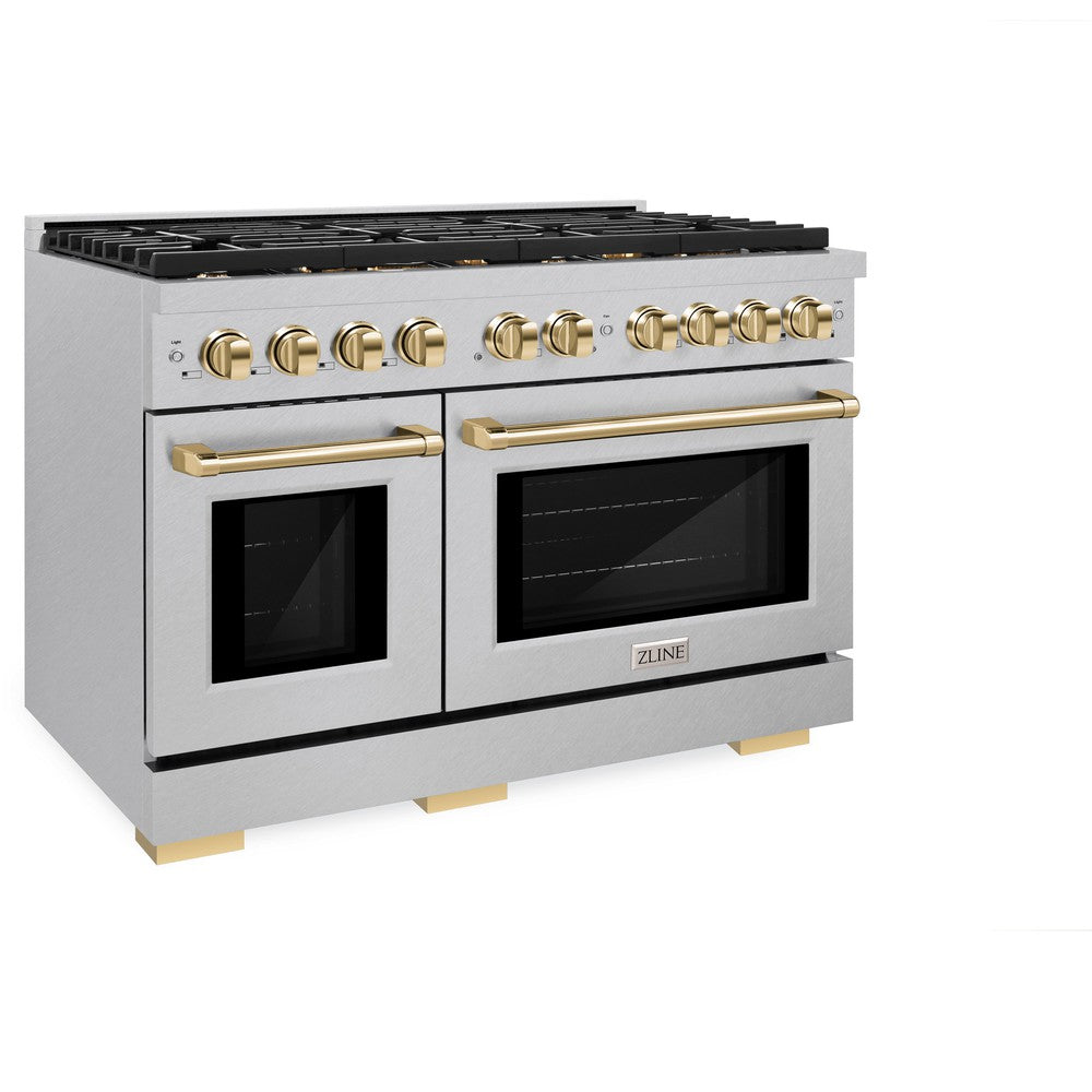 ZLINE Autograph Edition 48 in. 6.7 cu. ft. Paramount Double Oven Dual Fuel Range with 8 Burner Gas Cooktop in DuraSnow® Stainless Steel and Polished Gold Accents (SDRSZ-48-G) side, oven closed.