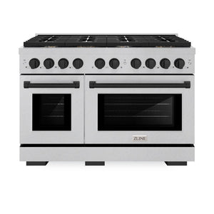 ZLINE Autograph Edition 48 in. 6.7 cu. ft. Paramount Double Oven Dual Fuel Range with 8 Burner Gas Cooktop in DuraSnow® Stainless Steel and Matte Black Accents (SDRSZ-48-MB) front, oven closed.