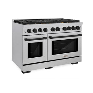 ZLINE Autograph Edition 48 in. 6.7 cu. ft. Paramount Double Oven Dual Fuel Range with 8 Burner Gas Cooktop in DuraSnow® Stainless Steel and Matte Black Accents (SDRSZ-48-MB)