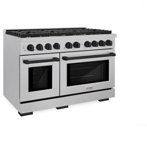 ZLINE Autograph Edition 48 in. 6.7 cu. ft. Paramount Double Oven Dual Fuel Range with 8 Burner Gas Cooktop in DuraSnow® Stainless Steel and Matte Black Accents (SDRSZ-48-MB) side, oven closed.