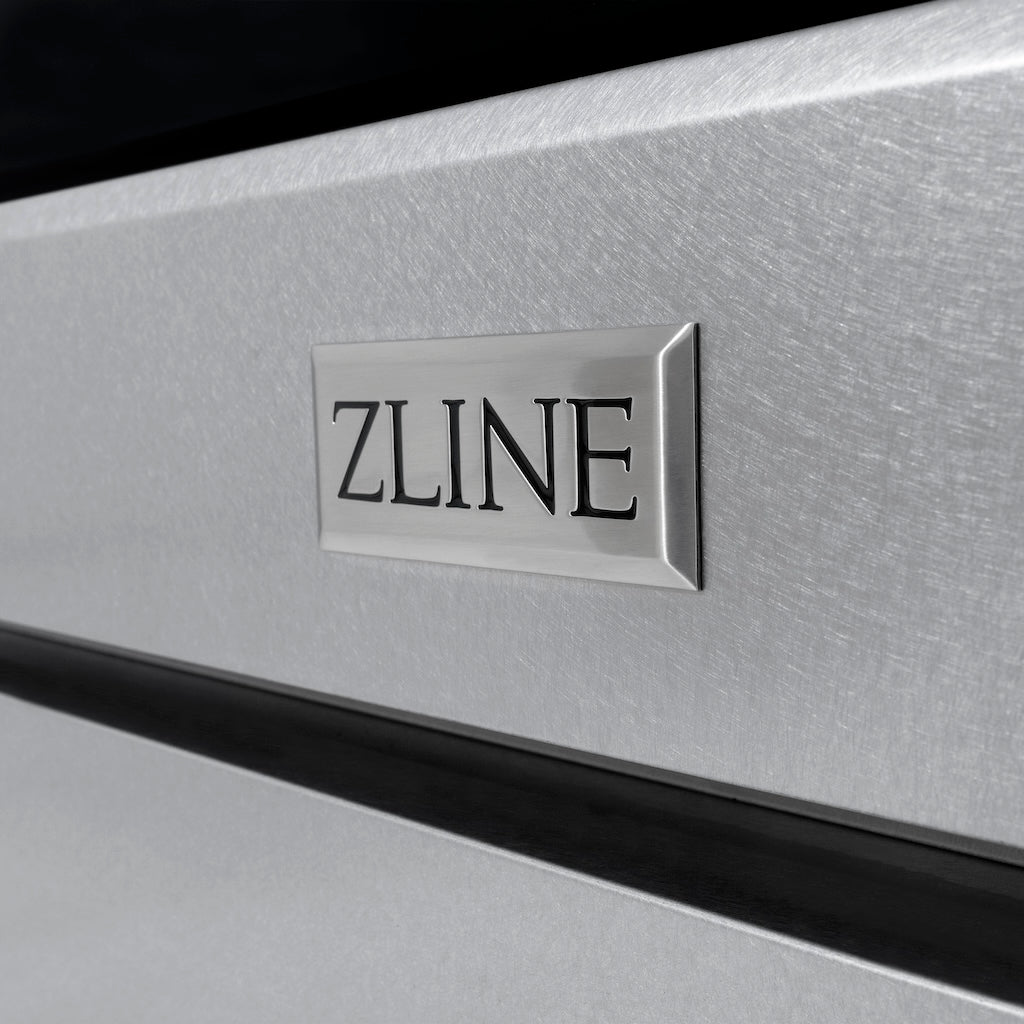 ZLINE Autograph Edition 30 in. 4.2 cu. ft. Paramount Gas Range with 4 Burner Cooktop and Convection Gas Oven in DuraSnow® Stainless Steel and Champagne Bronze Accents (SGRSZ-30-CB) close-up, logo badge on DuraSnow® Stainless Steel finish.