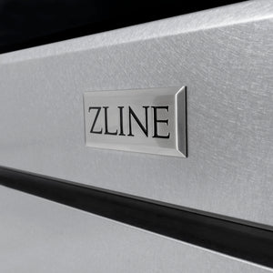 ZLINE badge on ZLINE Autograph Edition 30 in. 4.2 cu. ft. 4 Burner Gas Range with Convection Gas Oven in DuraSnow® Stainless Steel and Champagne Bronze Accents (SGRSZ-30-CB)