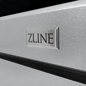 ZLINE Autograph Edition 30 in. 4.2 cu. ft. Paramount Gas Range with 4 Burner Cooktop and Convection Gas Oven in DuraSnow® Stainless Steel and Champagne Bronze Accents (SGRSZ-30-CB) close-up, logo badge on DuraSnow® Stainless Steel finish.