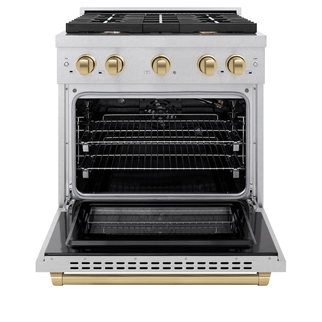 ZLINE Autograph Edition 30 in. 4.2 cu. ft. 4 Burner Gas Range with Convection Gas Oven in DuraSnow® Stainless Steel and Champagne Bronze Accents (SGRSZ-30-CB) front, oven open.