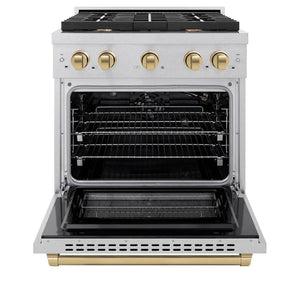 ZLINE Autograph Edition 30 in. 4.2 cu. ft. 4 Burner Gas Range with Convection Gas Oven in DuraSnow® Stainless Steel and Champagne Bronze Accents (SGRSZ-30-CB) front, with oven open.