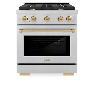 ZLINE Autograph Edition 30 in. 4.2 cu. ft. 4 Burner Gas Range with Convection Gas Oven in DuraSnow® Stainless Steel and Champagne Bronze Accents (SGRSZ-30-CB) front, oven closed.