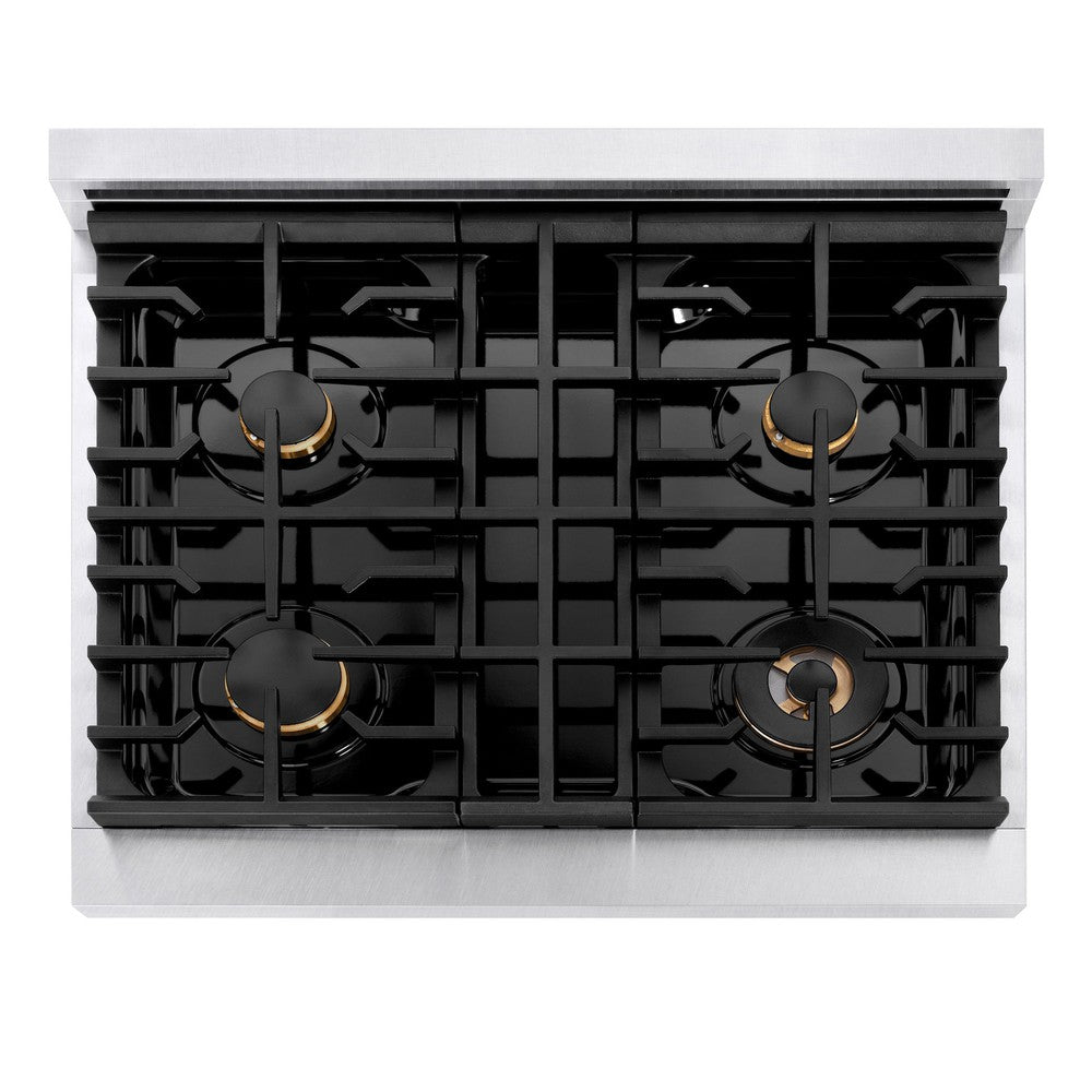 ZLINE Autograph Edition 30 in. 4.2 cu. ft. Paramount Gas Range with 4 Burner Cooktop and Convection Gas Oven in DuraSnow® Stainless Steel and Champagne Bronze Accents (SGRSZ-30-CB) top view, above cooktop.