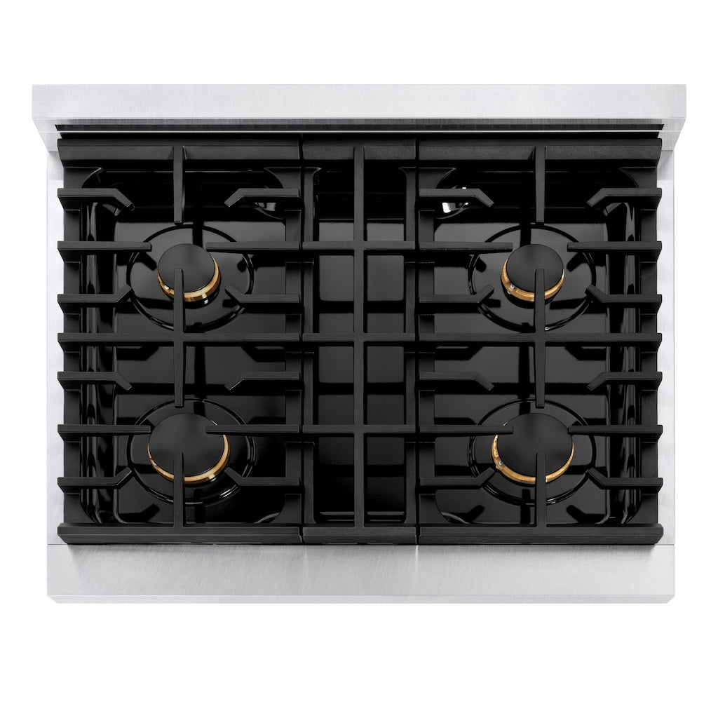 ZLINE Autograph Edition 30 in. 4.2 cu. ft. 4 Burner Gas Range with Convection Gas Oven in DuraSnow® Stainless Steel and Champagne Bronze Accents (SGRSZ-30-CB) from above, showing gas cooktop.