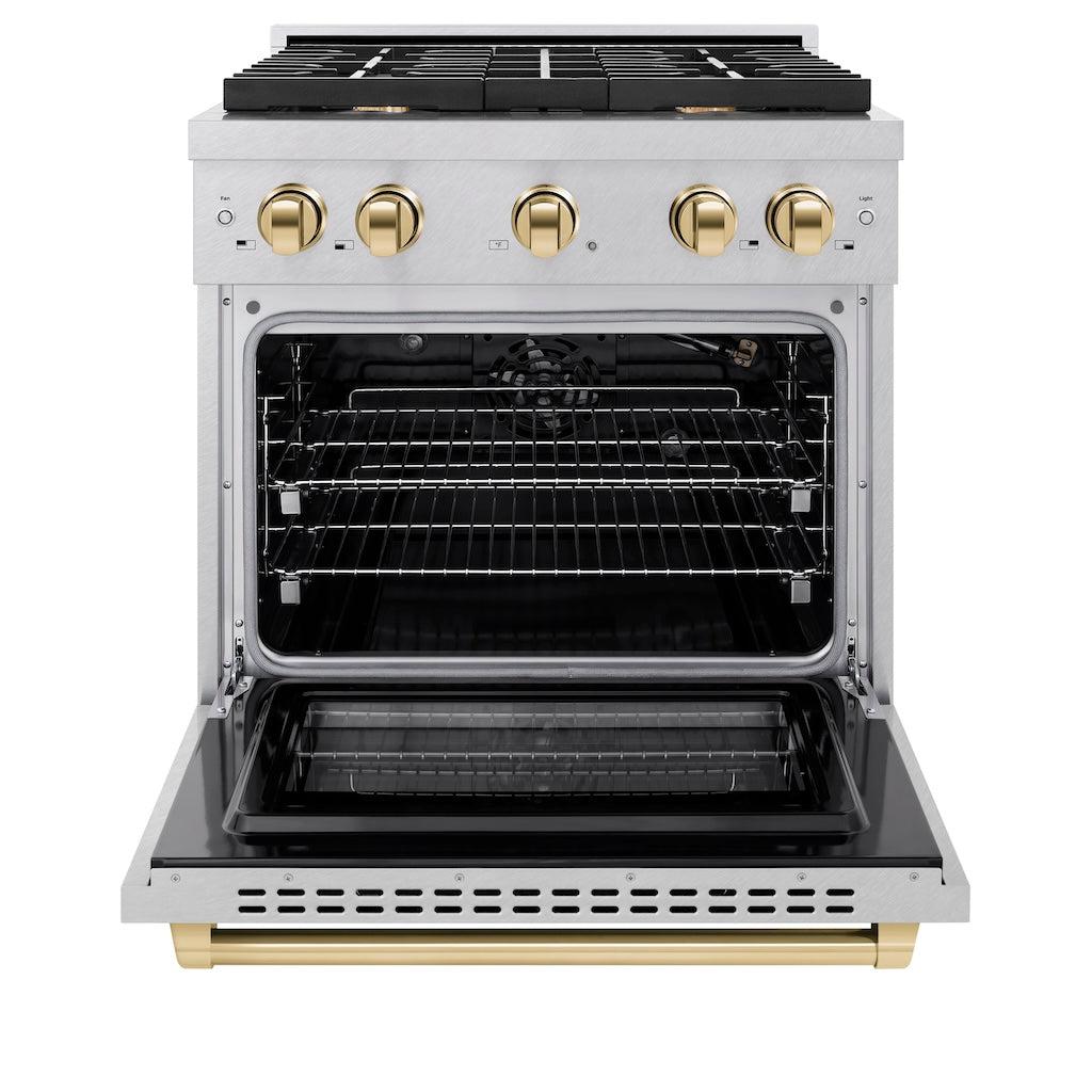 ZLINE Autograph Edition 30 in. 4.2 cu. ft. 4 Burner Gas Range with Convection Gas Oven in DuraSnow® Stainless Steel and Polished Gold Accents (SGRSZ-30-G) front, with oven open.