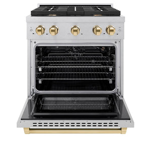 ZLINE Autograph Edition 30 in. 4.2 cu. ft. 4 Burner Gas Range with Convection Gas Oven in DuraSnow® Stainless Steel and Polished Gold Accents (SGRSZ-30-G) front, with oven open.
