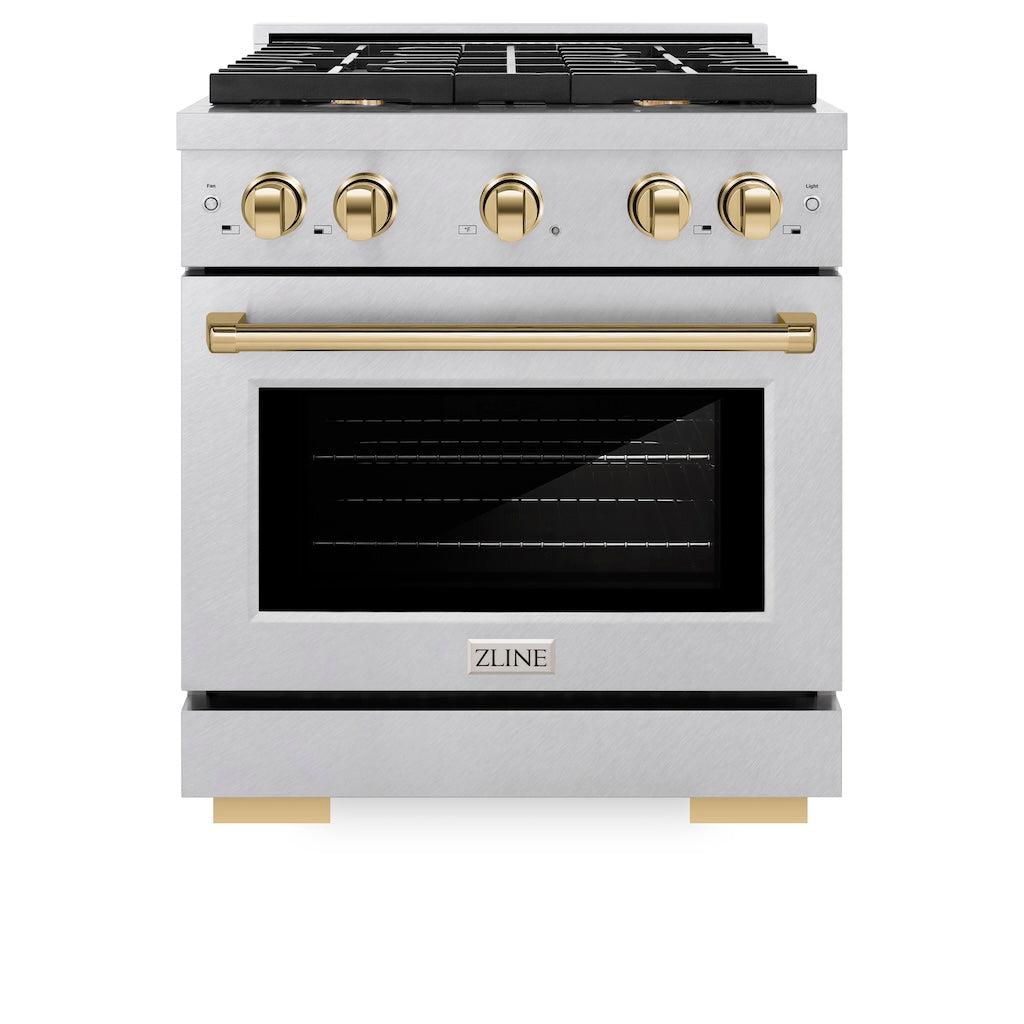 ZLINE Autograph Edition 30 in. 4.2 cu. ft. 4 Burner Gas Range with Convection Gas Oven in DuraSnow® Stainless Steel and Polished Gold Accents (SGRSZ-30-G) front, oven closed.
