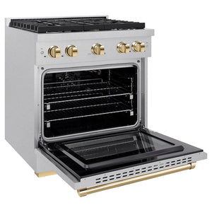ZLINE Autograph Edition 30 in. 4.2 cu. ft. 4 Burner Gas Range with Convection Gas Oven in DuraSnow® Stainless Steel and Polished Gold Accents (SGRSZ-30-G) side, oven open.