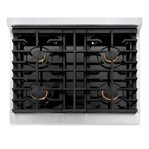 ZLINE Autograph Edition 30 in. 4.2 cu. ft. 4 Burner Gas Range with Convection Gas Oven in DuraSnow® Stainless Steel and Polished Gold Accents (SGRSZ-30-G) from above, showing gas cooktop.
