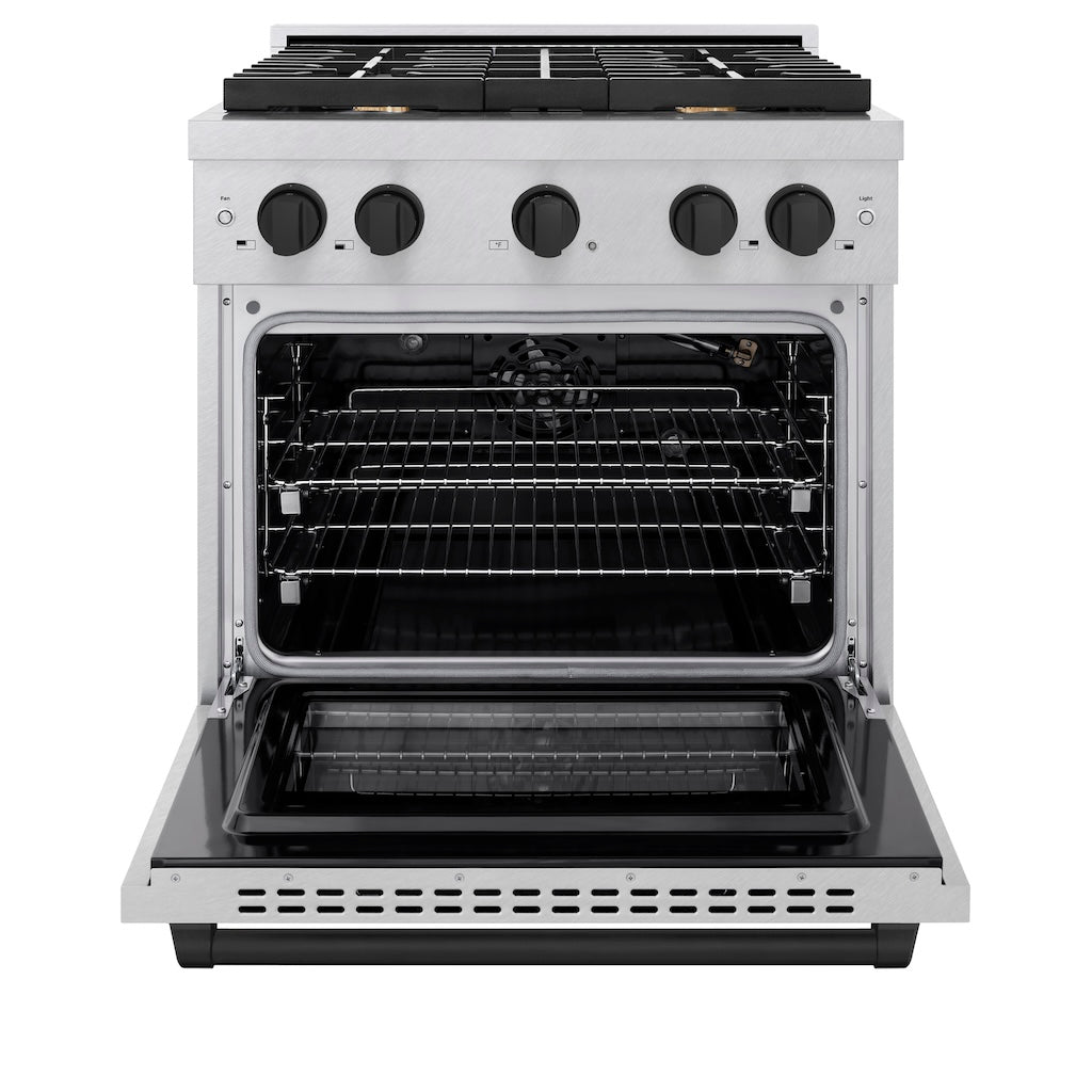 ZLINE Autograph Edition 30 in. 4.2 cu. ft. 4 Burner Gas Range with Convection Gas Oven in DuraSnow® Stainless Steel and Matte Black Accents (SGRSZ-30-MB) front, with oven open.