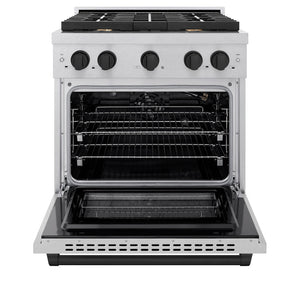 ZLINE Autograph Edition 30 in. 4.2 cu. ft. 4 Burner Gas Range with Convection Gas Oven in DuraSnow® Stainless Steel and Matte Black Accents (SGRSZ-30-MB) front, with oven open.