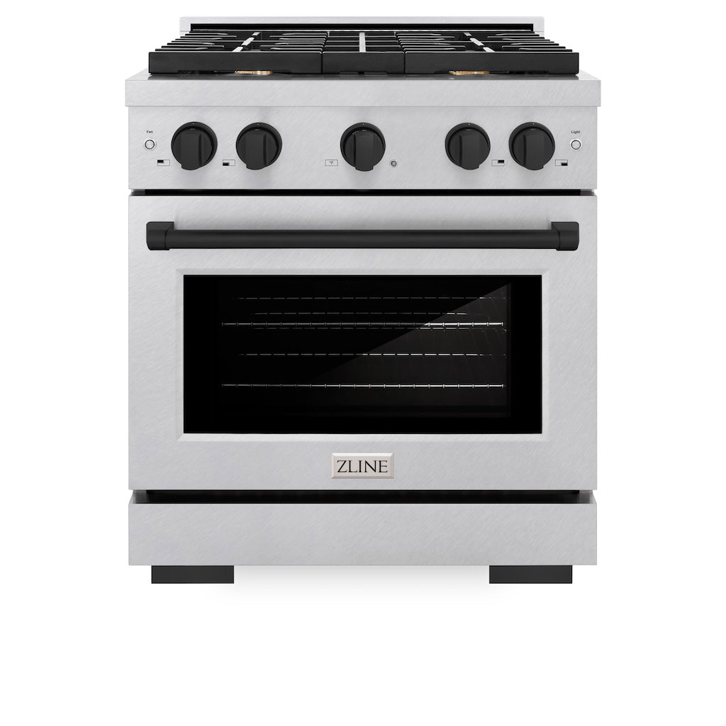 ZLINE Autograph Edition 30 in. 4.2 cu. ft. 4 Burner Gas Range with Convection Gas Oven in DuraSnow® Stainless Steel and Matte Black Accents (SGRSZ-30-MB) front, oven closed.
