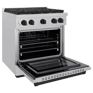 ZLINE Autograph Edition 30 in. 4.2 cu. ft. 4 Burner Gas Range with Convection Gas Oven in DuraSnow® Stainless Steel and Matte Black Accents (SGRSZ-30-MB) side, oven open.
