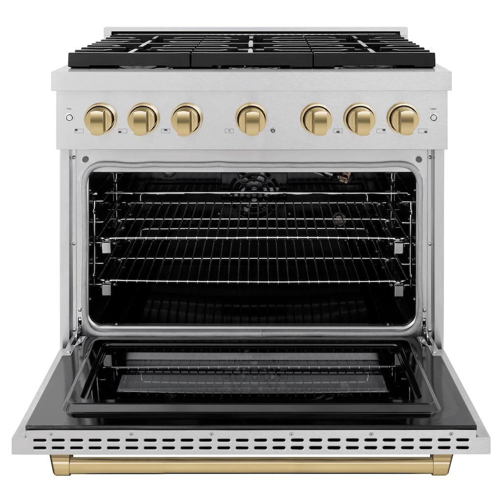 ZLINE Autograph Edition 36 in. 5.2 cu. ft. 6 Burner Gas Range with Convection Gas Oven in DuraSnow® Stainless Steel and Champagne Bronze Accents (SGRSZ-36-CB) front, with oven open.