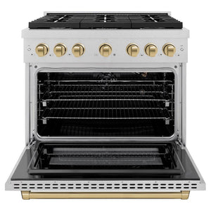 ZLINE Autograph Edition 36 in. 5.2 cu. ft. 6 Burner Gas Range with Convection Gas Oven in DuraSnow® Stainless Steel and Champagne Bronze Accents (SGRSZ-36-CB) front, oven open.