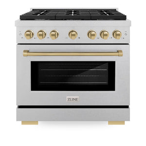 ZLINE Autograph Edition 36 in. 5.2 cu. ft. 6 Burner Gas Range with Convection Gas Oven in DuraSnow® Stainless Steel and Champagne Bronze Accents (SGRSZ-36-CB) front, oven closed.
