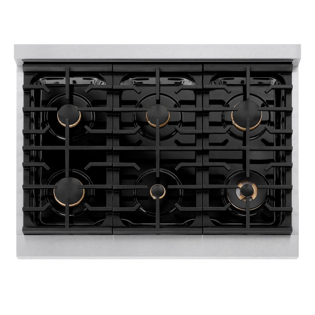 ZLINE Autograph Edition 36 in. 5.2 cu. ft. 6 Burner Gas Range with Convection Gas Oven in DuraSnow® Stainless Steel and Champagne Bronze Accents (SGRSZ-36-CB) from above, showing gas burners, black porcelain cooktop, and cast-iron grates.