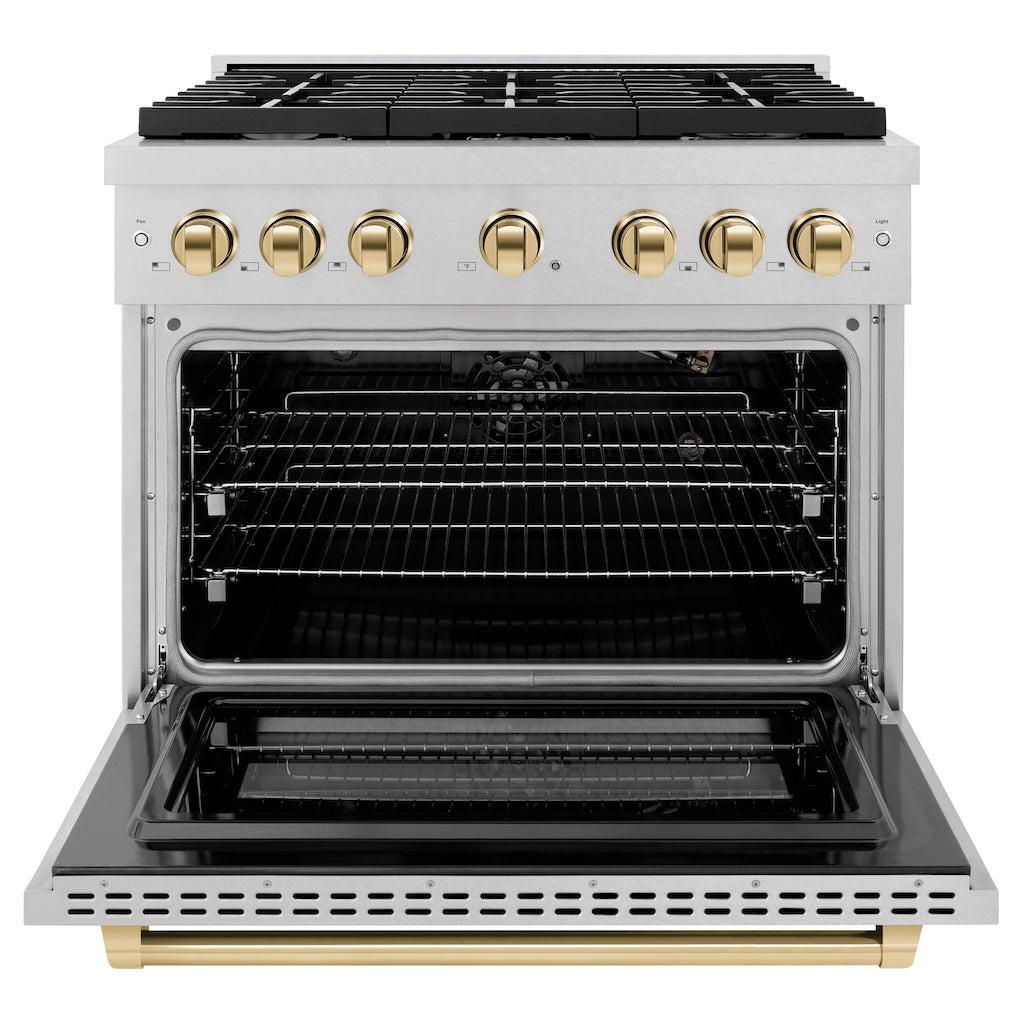 ZLINE Autograph Edition 36 in. 5.2 cu. ft. 6 Burner Gas Range with Convection Gas Oven in DuraSnow® Stainless Steel and Polished Gold Accents (SGRSZ-36-G) front, oven open.