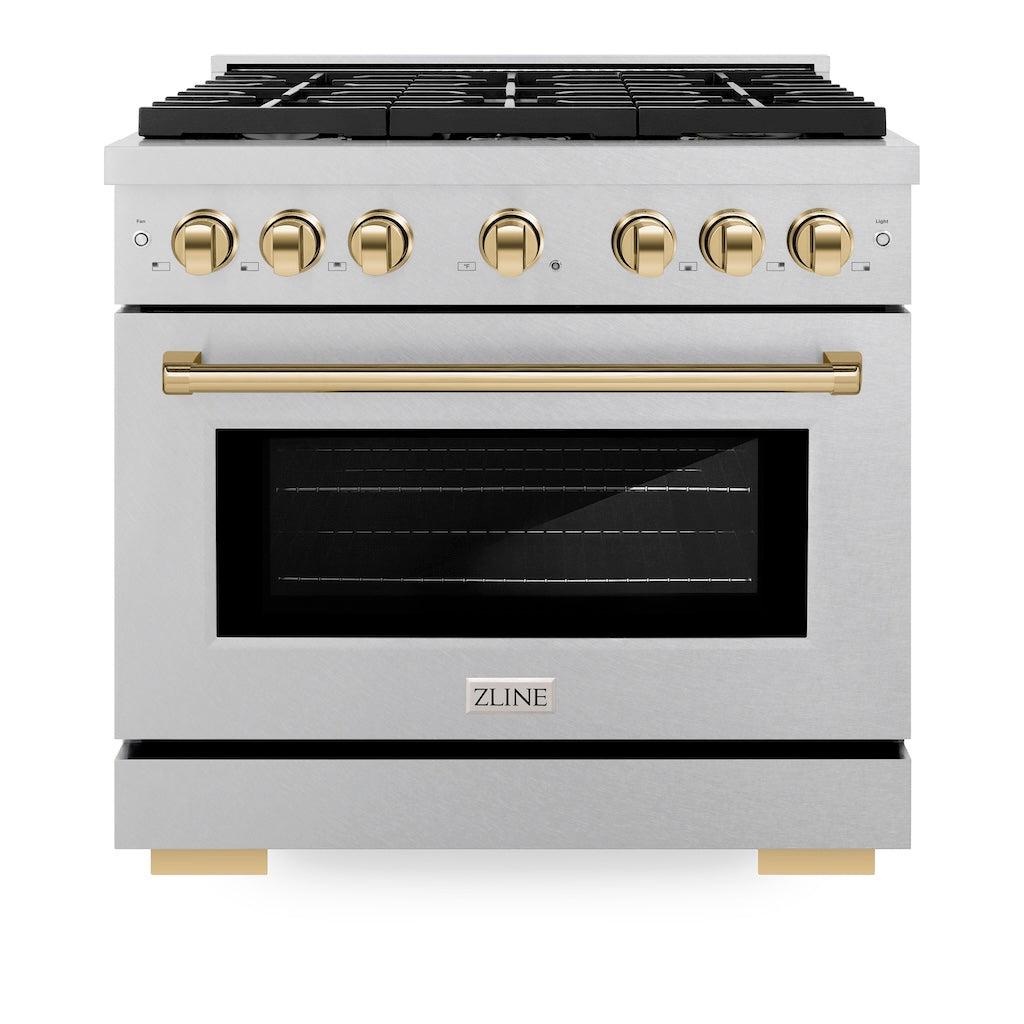 ZLINE Autograph Edition 36 in. 5.2 cu. ft. 6 Burner Gas Range with Convection Gas Oven in DuraSnow® Stainless Steel and Polished Gold Accents (SGRSZ-36-G) front, oven closed.