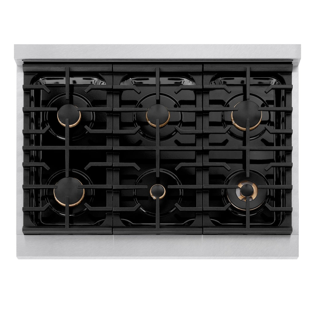 ZLINE Autograph Edition 36 in. 5.2 cu. ft. 6 Burner Gas Range with Convection Gas Oven in DuraSnow® Stainless Steel and Polished Gold Accents (SGRSZ-36-G) from above, showing gas burners, black porcelain cooktop, and cast-iron grates.