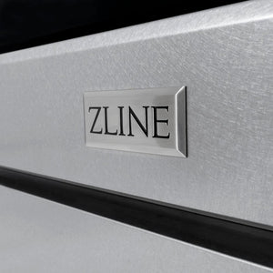 ZLINE Autograph Edition 36 in. 5.2 cu. ft. 6 Burner Gas Range with Convection Gas Oven in Satin Stainless Steel and Matte Black Accents (SGRSZ-36-MB) close-up, logo badge on Satin Stainless Steel finish.