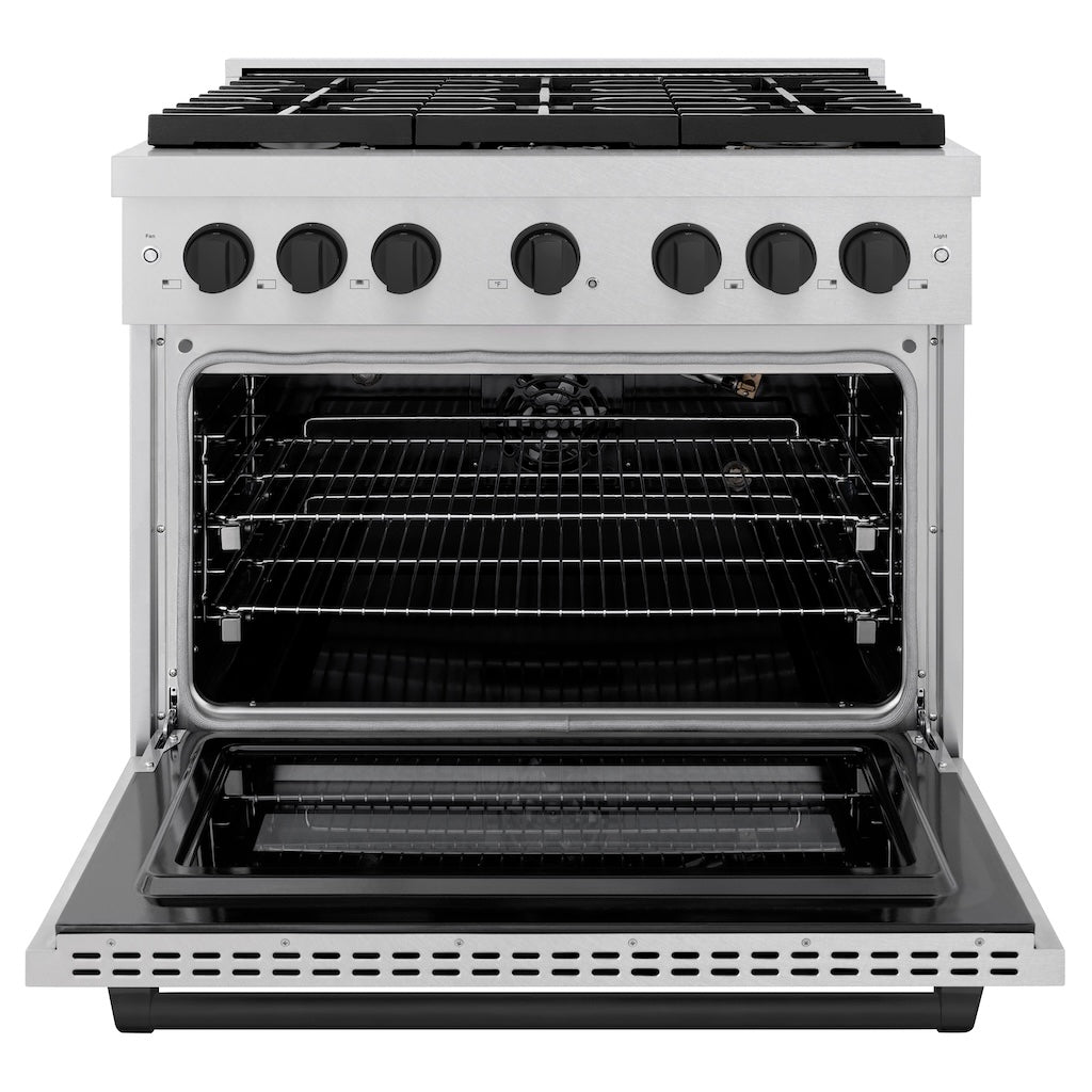 ZLINE Autograph Edition 36 in. 5.2 cu. ft. 6 Burner Gas Range with Convection Gas Oven in DuraSnow® Stainless Steel and Matte Black Accents (SGRSZ-36-MB) front, oven open.