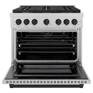 ZLINE Autograph Edition 36 in. 5.2 cu. ft. 6 Burner Paramount Gas Range with Convection Gas Oven in Satin Stainless Steel and Matte Black Accents (SGRSZ-36-MB) front, open.