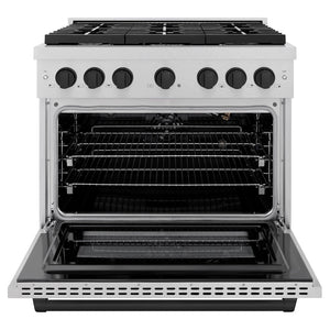ZLINE Autograph Edition 36 in. 5.2 cu. ft. 6 Burner Gas Range with Convection Gas Oven in DuraSnow® Stainless Steel and Matte Black Accents (SGRSZ-36-MB) front, with oven open.