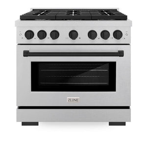 ZLINE Autograph Edition 36 in. 5.2 cu. ft. 6 Burner Paramount Gas Range with Convection Gas Oven in Satin Stainless Steel and Matte Black Accents (SGRSZ-36-MB) front, oven closed.
